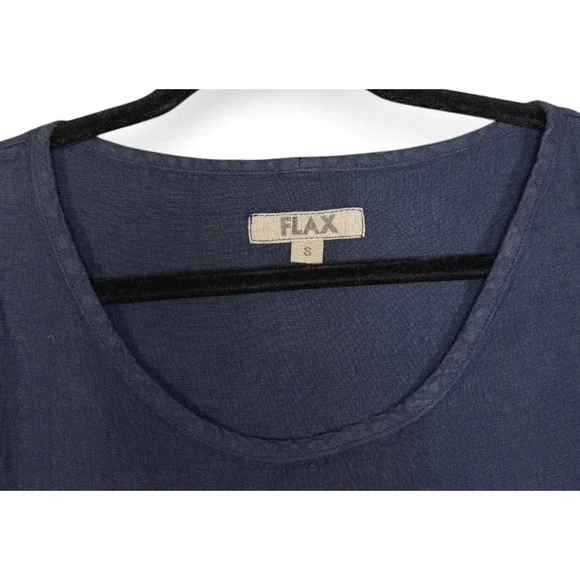 FLAX Top Womens S Blue Linen Long Sleeve Scoop Neck Textured Polka Dot Back - Picture 3 of 9